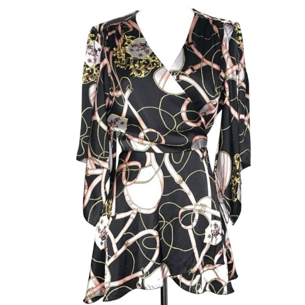 SINGLE Silk Wrap Old Money Baroque Chain Print Top Kimono Sleeve - Sz Large